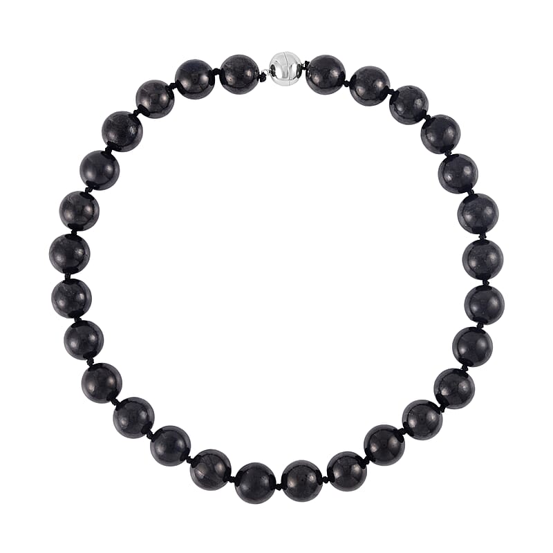 Shungite Round Bead Necklace With Sterling Silver Magnetic Clasp, Black Beaded Jewelry For Women 735.50 ctw (20 Inches)