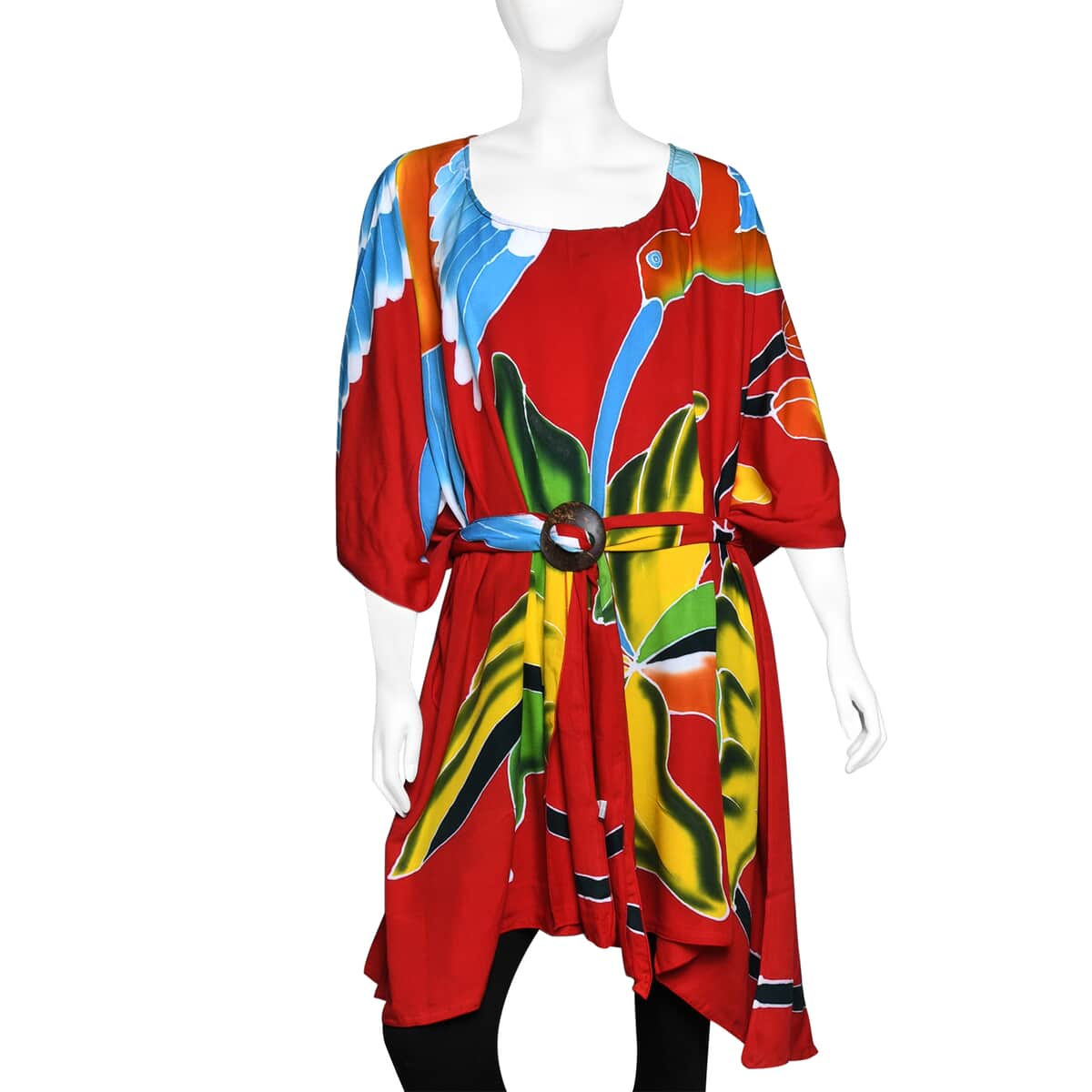Hand Painted Red Hummingbird and Floral Motif Kaftan With Circle Coconut Shell Belt (One Size Fits Most, Rayon) image number 0