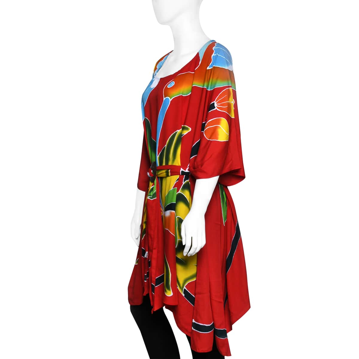 Hand Painted Red Hummingbird and Floral Motif Kaftan With Circle Coconut Shell Belt (One Size Fits Most, Rayon) image number 2