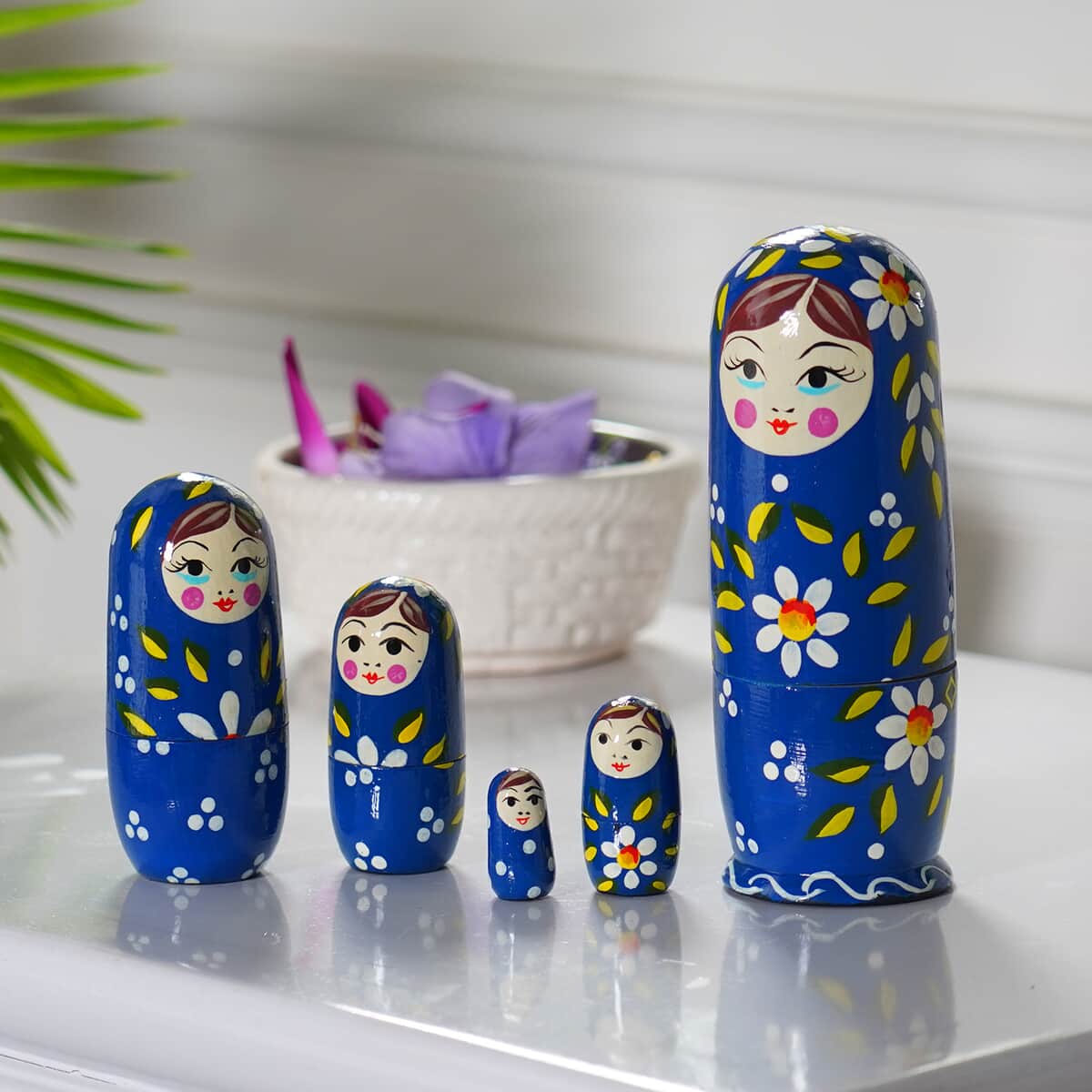 Set of 5 Hand Painted Wooden Nesting and Stacking Dolls image number 1