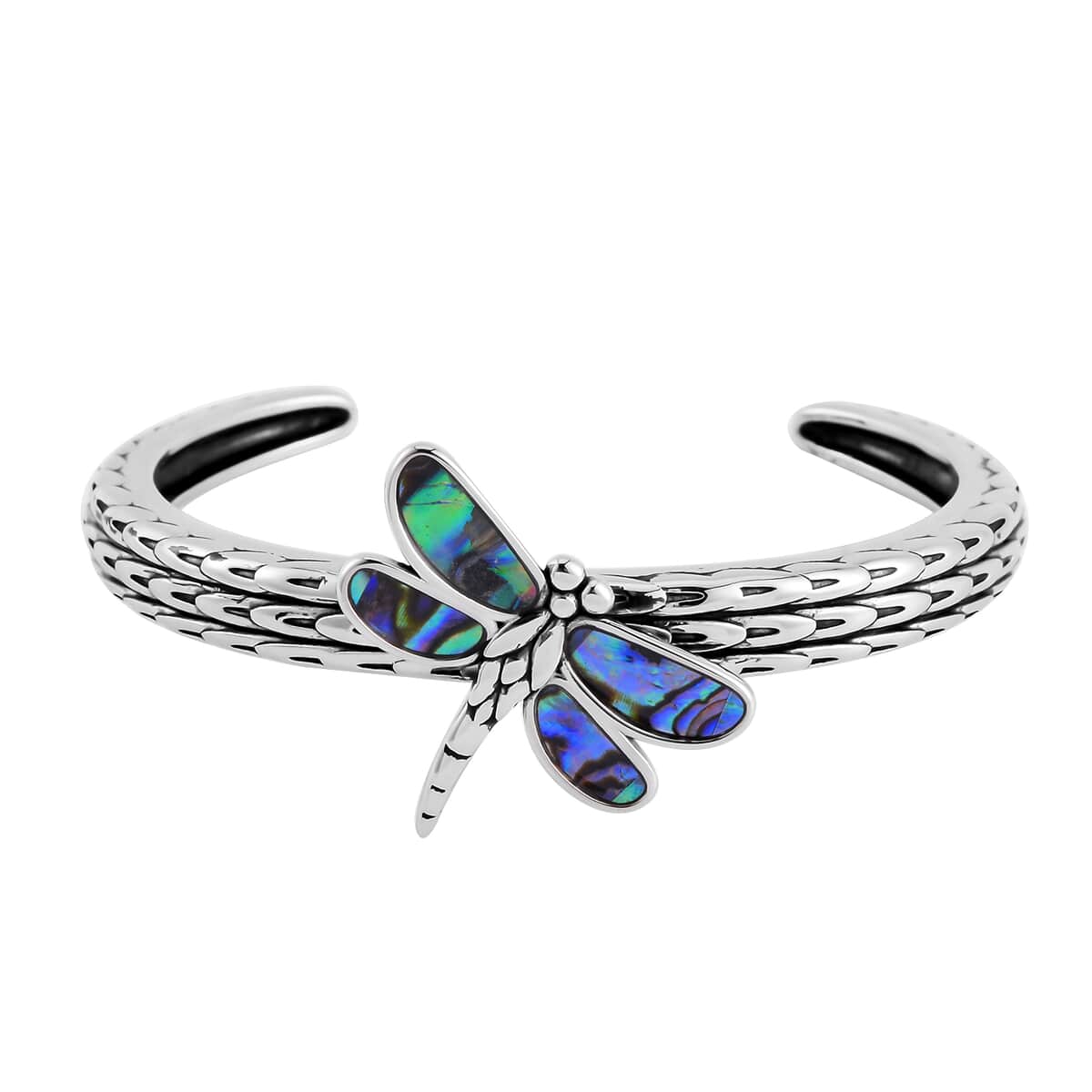 Abalone Shell Dragonfly Cuff Bracelet in Black Oxidized Stainless Steel (7.50 in) image number 0