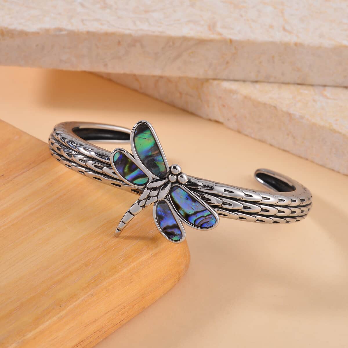 Abalone Shell Dragonfly Cuff Bracelet in Black Oxidized Stainless Steel (7.50 in) image number 1