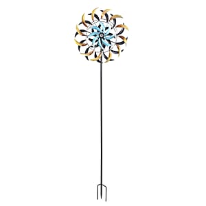 Hand Painted Blue and Brown Swirl Solar LED Wind Spinner -Adjustable Height up to 70 Inches