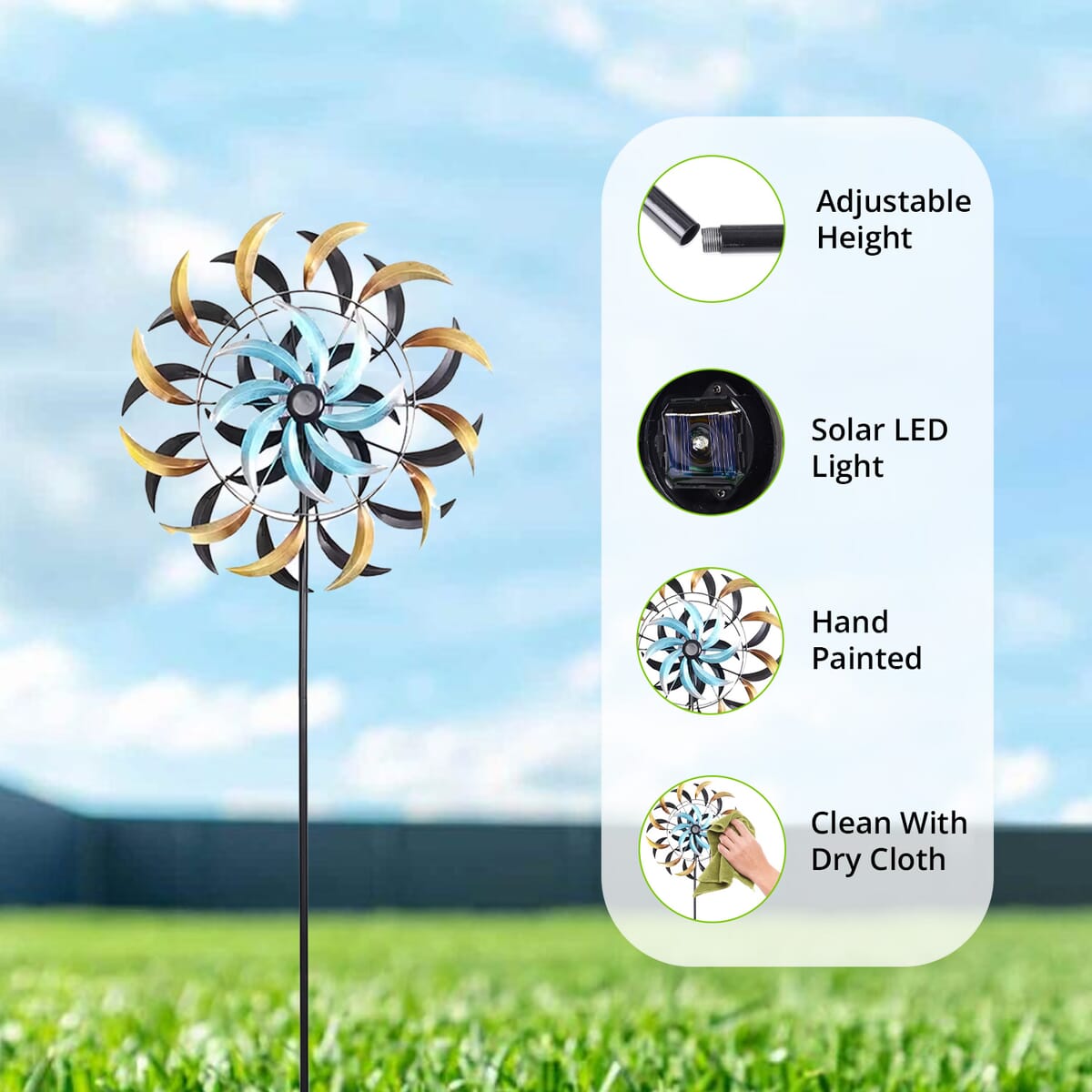 Hand Painted Blue and Brown Swirl Solar LED Wind Spinner -Adjustable Height up to 70 Inches image number 1