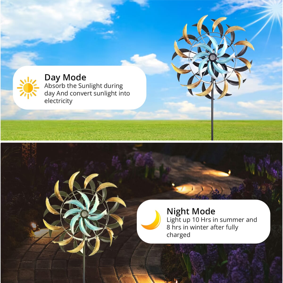 Hand Painted Blue and Brown Swirl Solar LED Wind Spinner -Adjustable Height up to 70 Inches image number 2
