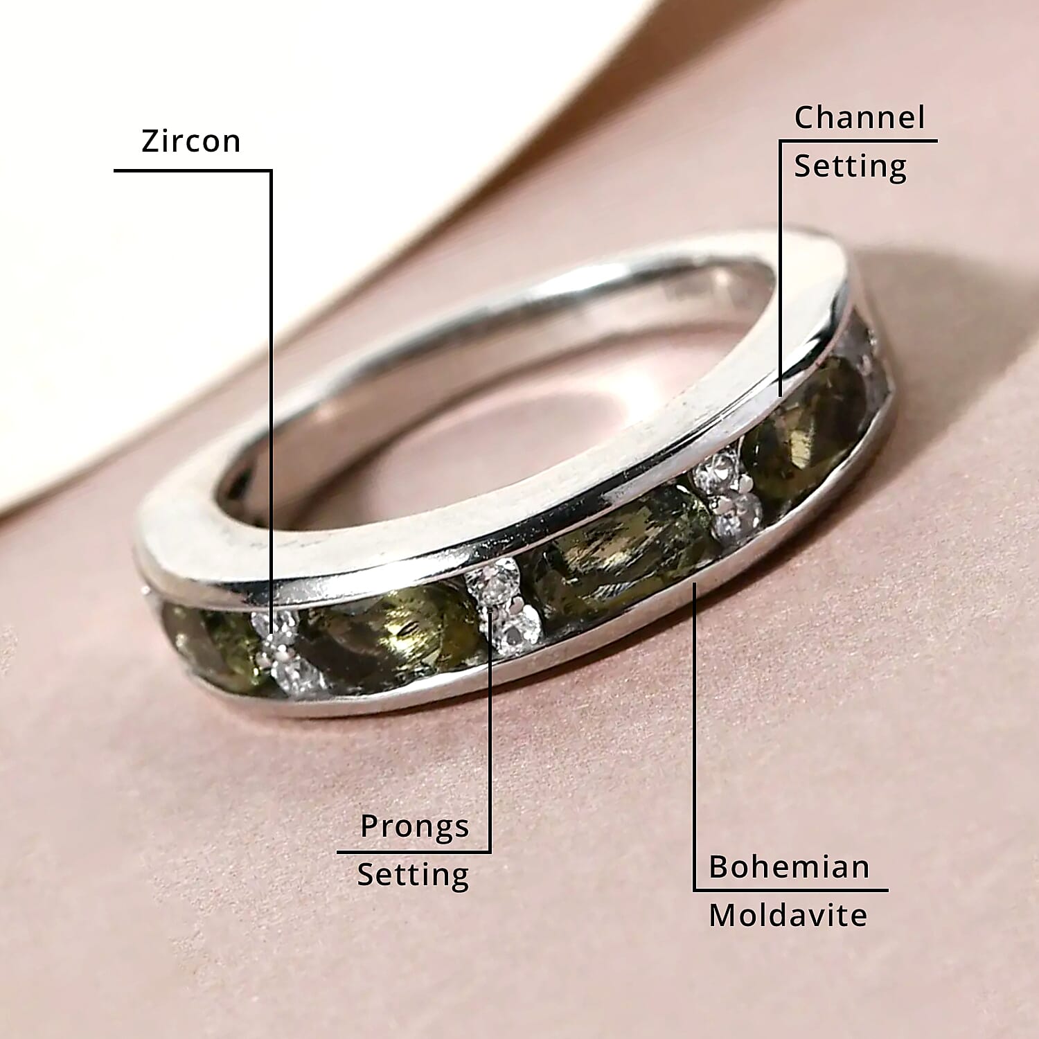 Bohemian Moldavite and Natural White Zircon Half Eternity Band Ring in Platinum Over Sterling Silver 0.90 ctw