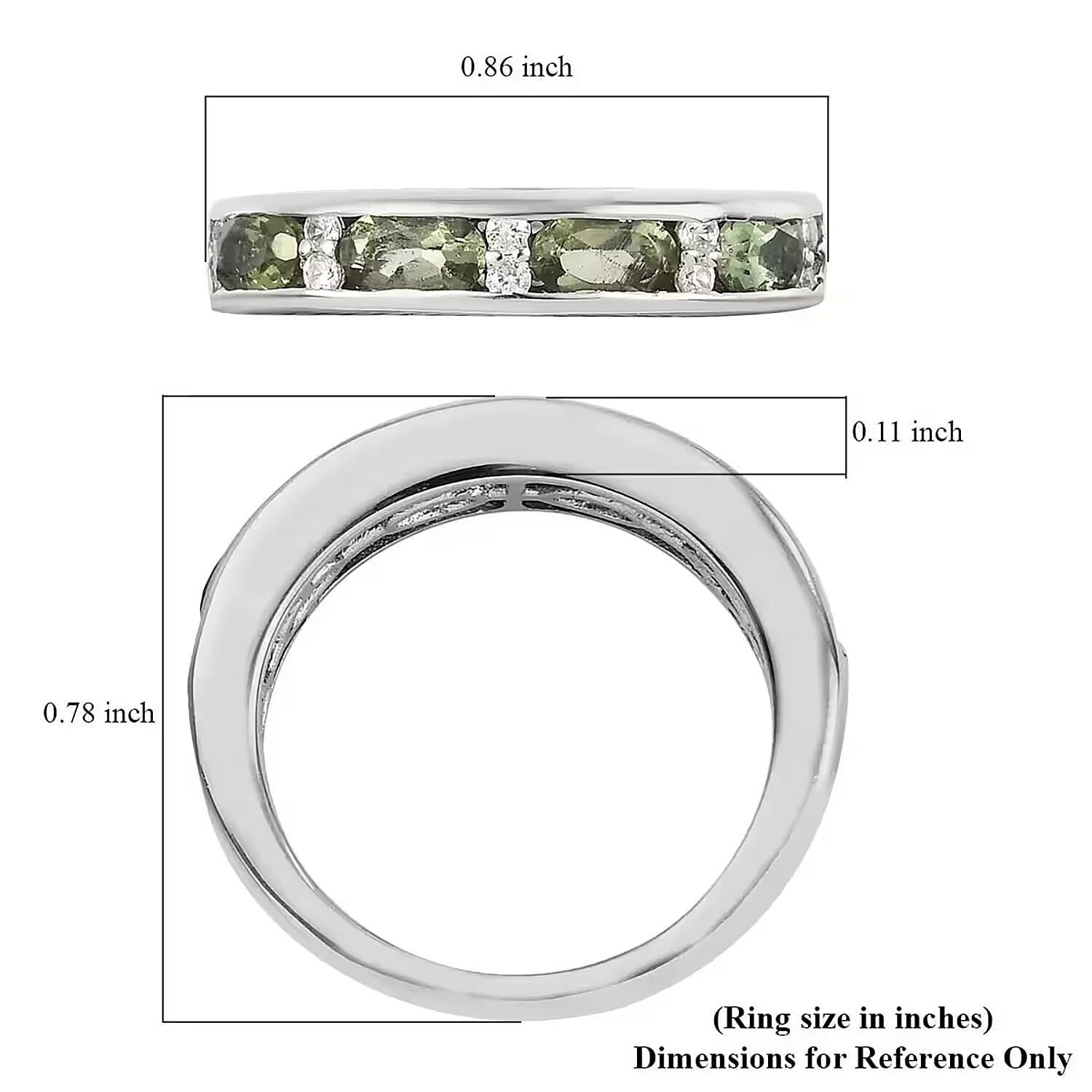 Bohemian Moldavite and Natural White Zircon Half Eternity Band Ring in Platinum Over Sterling Silver 0.90 ctw