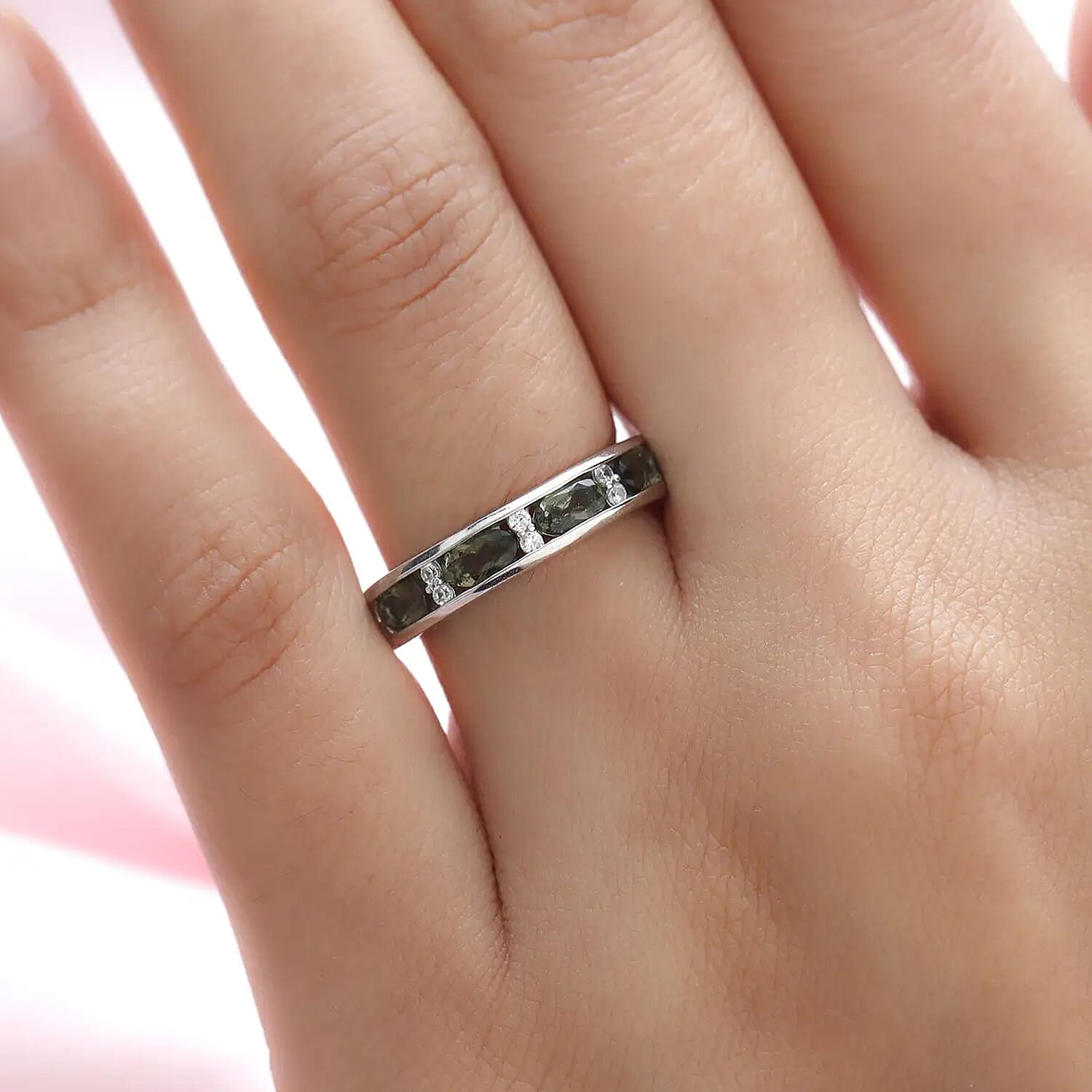 Bohemian Moldavite and Natural White Zircon Half Eternity Band Ring in Platinum Over Sterling Silver 0.90 ctw