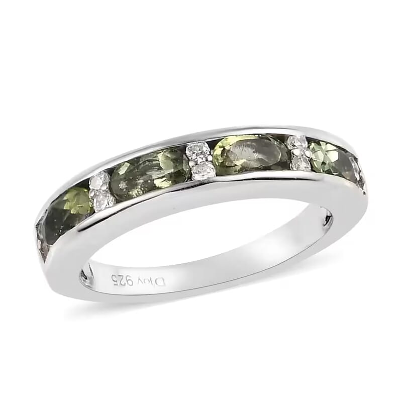 D'Joy Bohemian Moldavite and White Zircon 1.00 ctw Half Eternity Band Ring in Platinum Over Sterling Silver (Size 5.0)