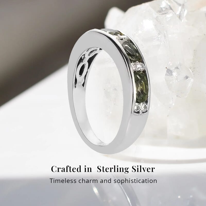 D'Joy Bohemian Moldavite and White Zircon 1.00 ctw Half Eternity Band Ring in Platinum Over Sterling Silver (Size 5.0)