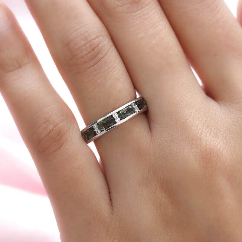 D'Joy Bohemian Moldavite and White Zircon 1.00 ctw Half Eternity Band Ring in Platinum Over Sterling Silver (Size 5.0)