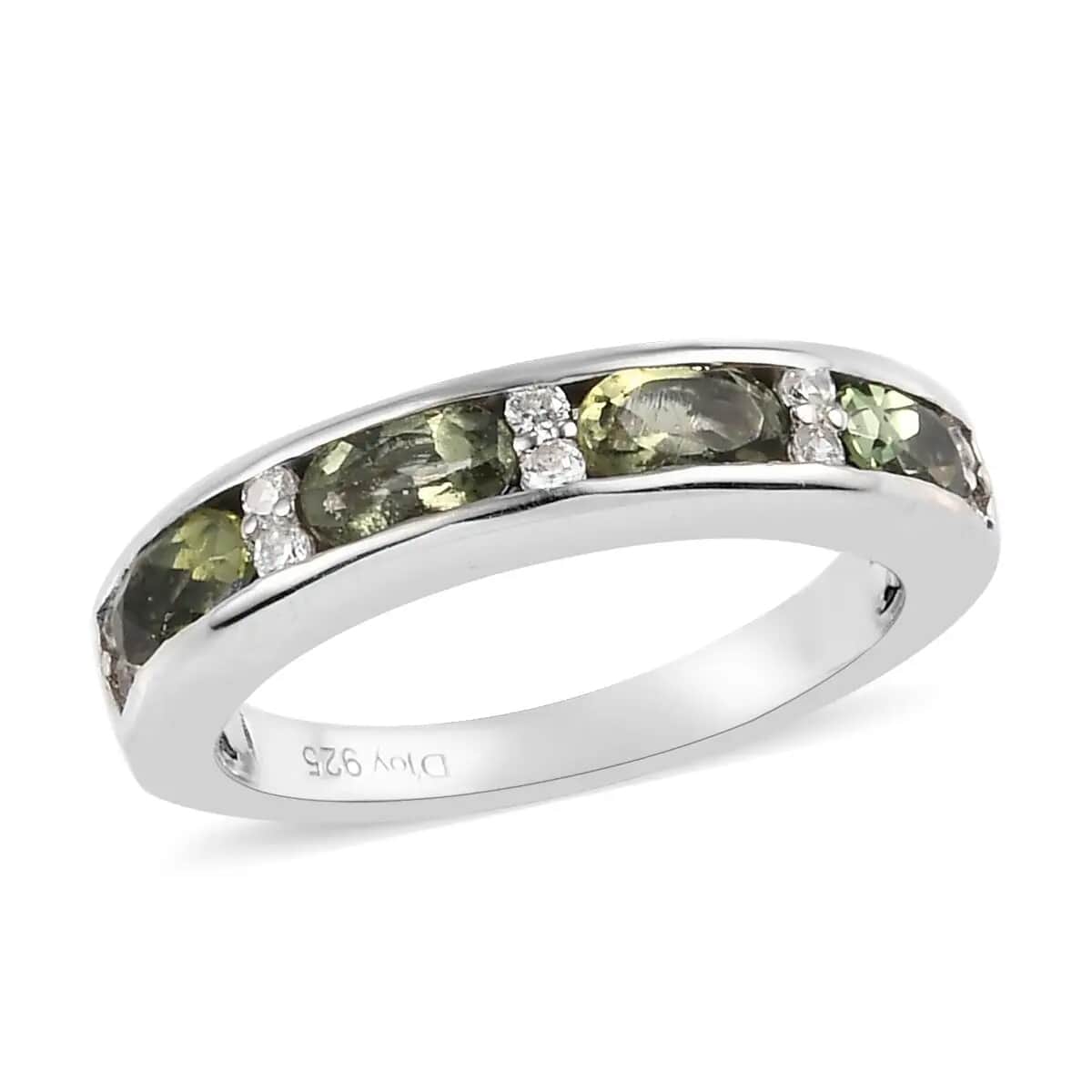 Bohemian Moldavite and White Zircon 0.90 ctw Half Eternity Band Ring in Platinum Over Sterling Silver, Wedding Band Ring, Promise Rings For Women (Size 6.0) image number 0