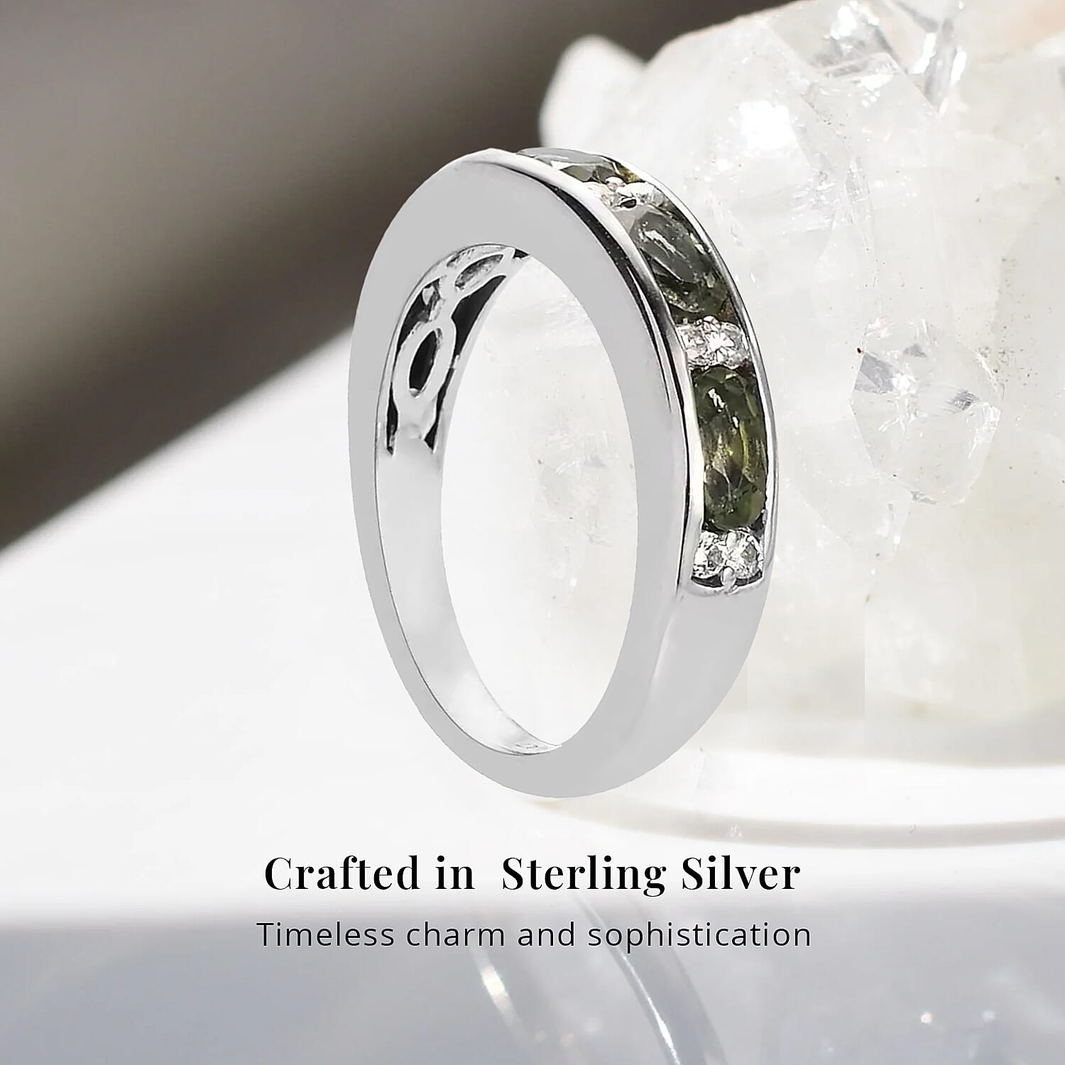 D'Joy Bohemian Moldavite and White Zircon 1.00 ctw Half Eternity Band Ring in Platinum Over Sterling Silver (Size 6.0)