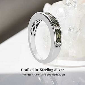 D'Joy Bohemian Moldavite, White Zircon Half Eternity Band Ring in Platinum Over Sterling Silver 0.90 ctw (Size 6.0)