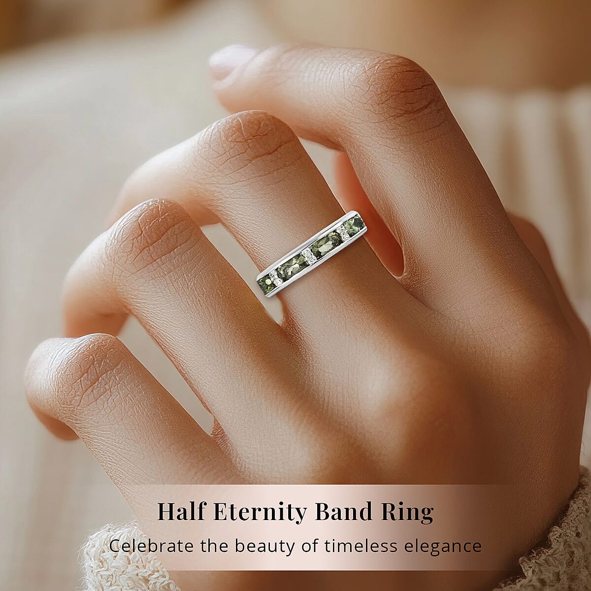 D'Joy Bohemian Moldavite and White Zircon 0.90 ctw Half Eternity Band Ring in Platinum Over Sterling Silver, Wedding Band Ring, Promise Rings For Women (Size 7.0) image number 1