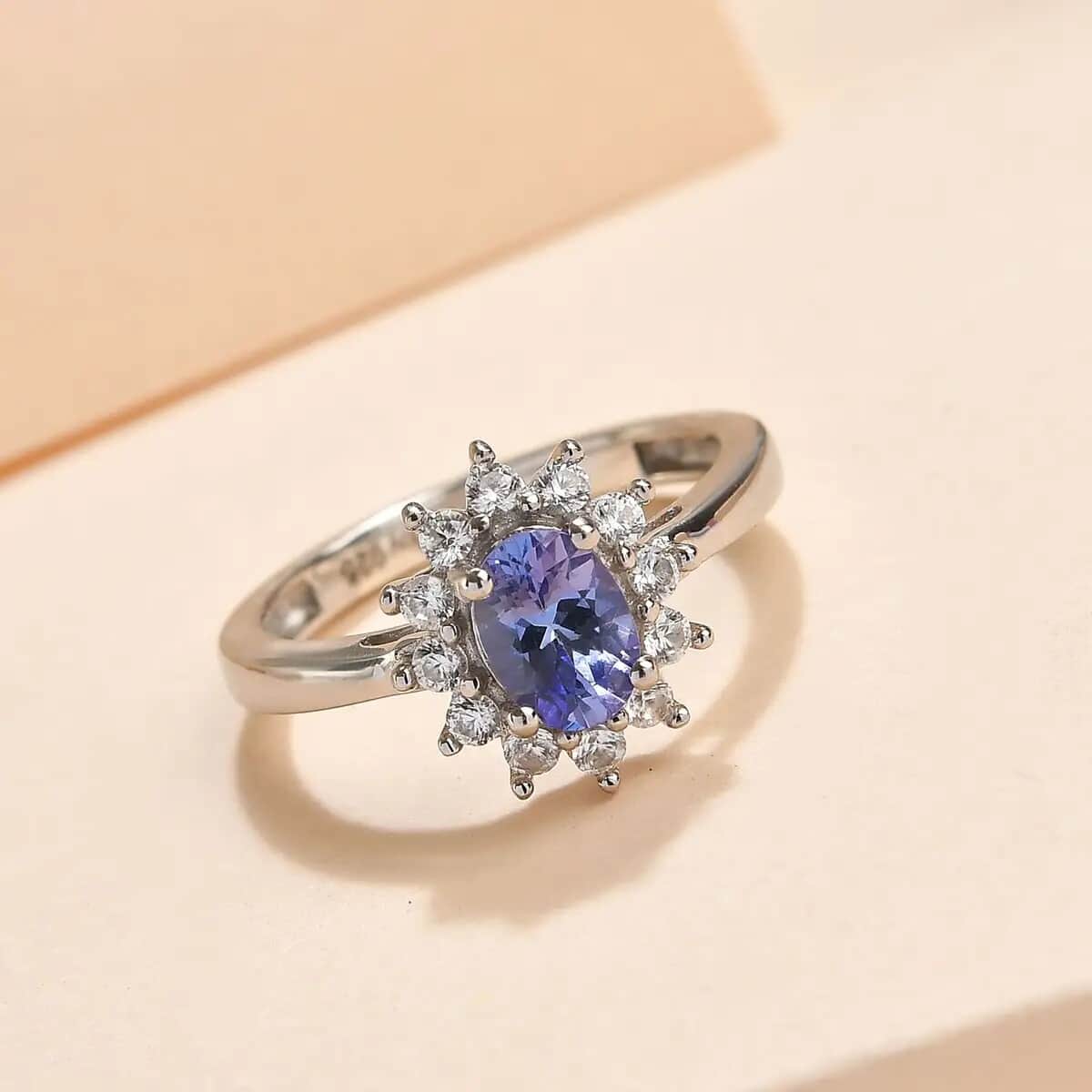 Tanzanite and Natural White Zircon Halo Ring in Platinum Over Sterling Silver (Size 10.0) 1.00 ctw image number 1