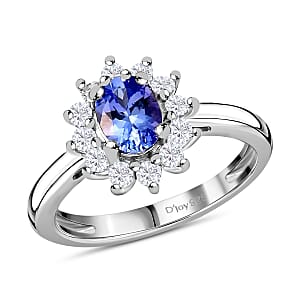 Tanzanite and Natural White Zircon Halo Ring in Platinum Over Sterling Silver, Oval Engagement Ring (Size 8.0) 1.00 ctw
