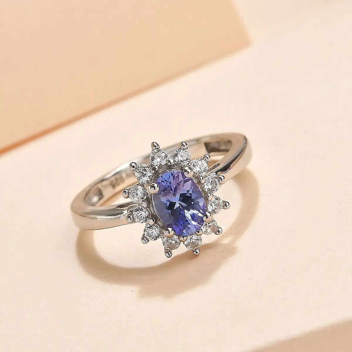 Tanzanite and Natural White Zircon Halo Ring in Platinum Over Sterling Silver, Oval Engagement Ring (Size 8.0) 1.00 ctw image number 1