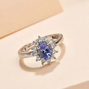 Tanzanite and Natural White Zircon Halo Ring in Platinum Over Sterling Silver, Oval Engagement Ring (Size 8.0) 1.00 ctw