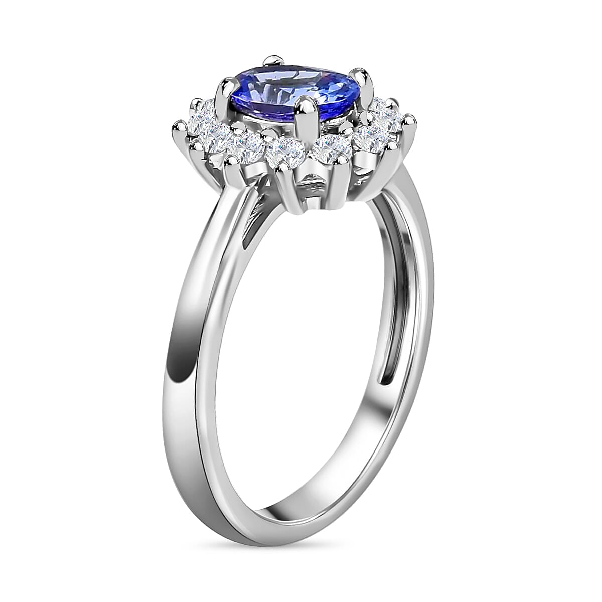 Tanzanite and Natural White Zircon Halo Ring in Platinum Over Sterling Silver, Oval Engagement Ring (Size 8.0) 1.00 ctw image number 3
