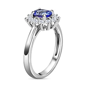 Tanzanite and Natural White Zircon Halo Ring in Platinum Over Sterling Silver, Oval Engagement Ring (Size 8.0) 1.00 ctw