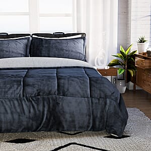 Homesmart Gray 3 Layer Quilted Microfiber Flannel and Sherpa Reversible Comforter and Set of 2 Shams, Microfiber Comforter, Best Comforter Sets, Bed Comforters, Comforter Set for Bedroom