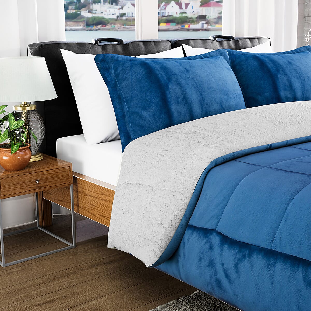 Homesmart Blue 3 Layer Quilted Microfiber Flannel and Sherpa Reversible Comforter and Set of 2 Shams, Microfiber Comforter, Best Comforter Sets, Bed Comforters, Comforter Set for Bedroom image number 1