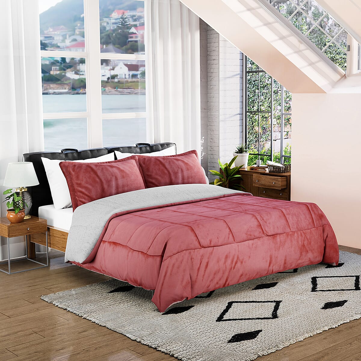 Homesmart Pink 3 Layer Quilted Microfiber Flannel and Sherpa Reversible Comforter and Set of 2 Shams | Microfiber Comforter | Best Comforter Sets | Bed Comforters | Comforter Set for Bedroom image number 0