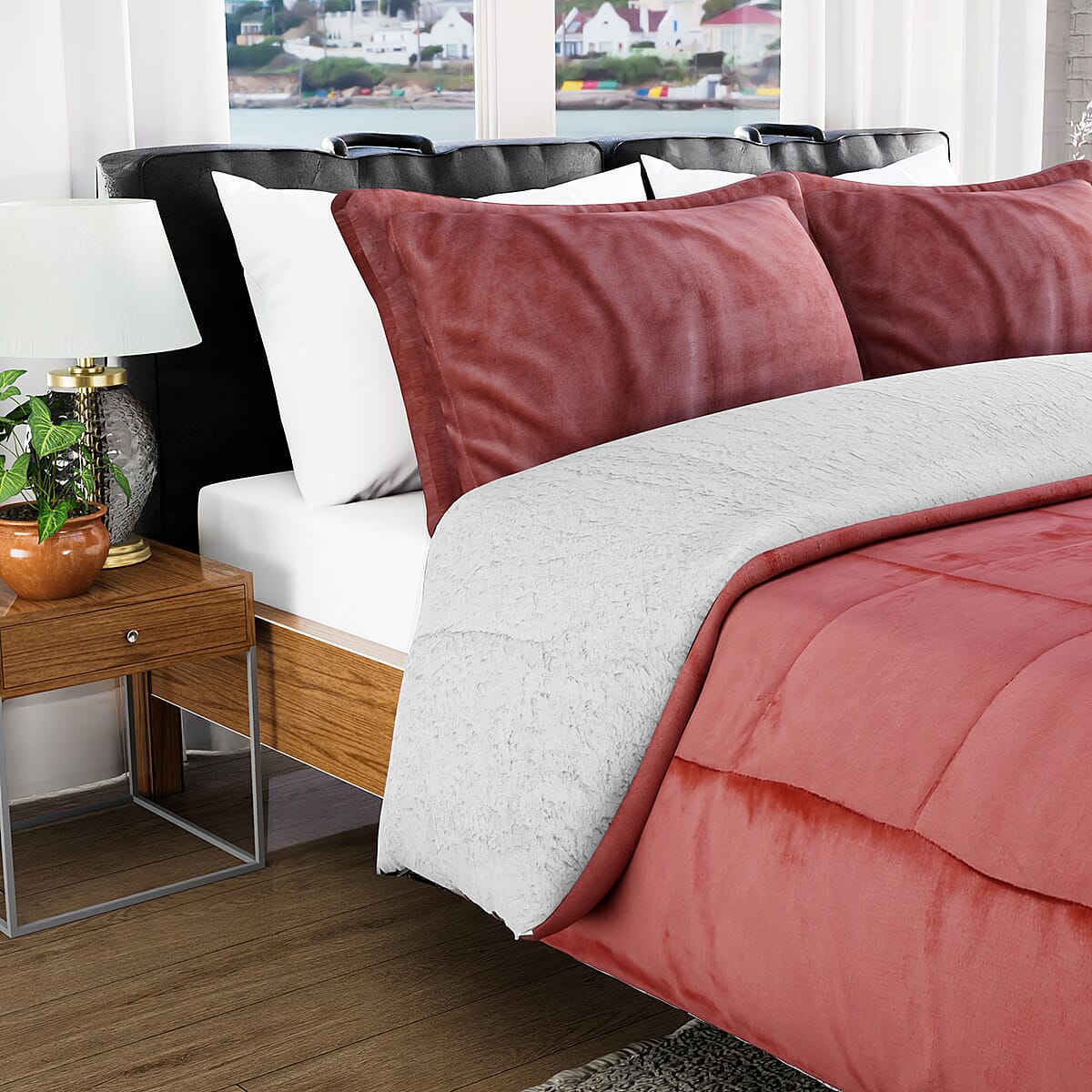Homesmart Pink 3 Layer Quilted Microfiber Flannel and Sherpa Reversible Comforter and Set of 2 Shams | Microfiber Comforter | Best Comforter Sets | Bed Comforters | Comforter Set for Bedroom image number 1