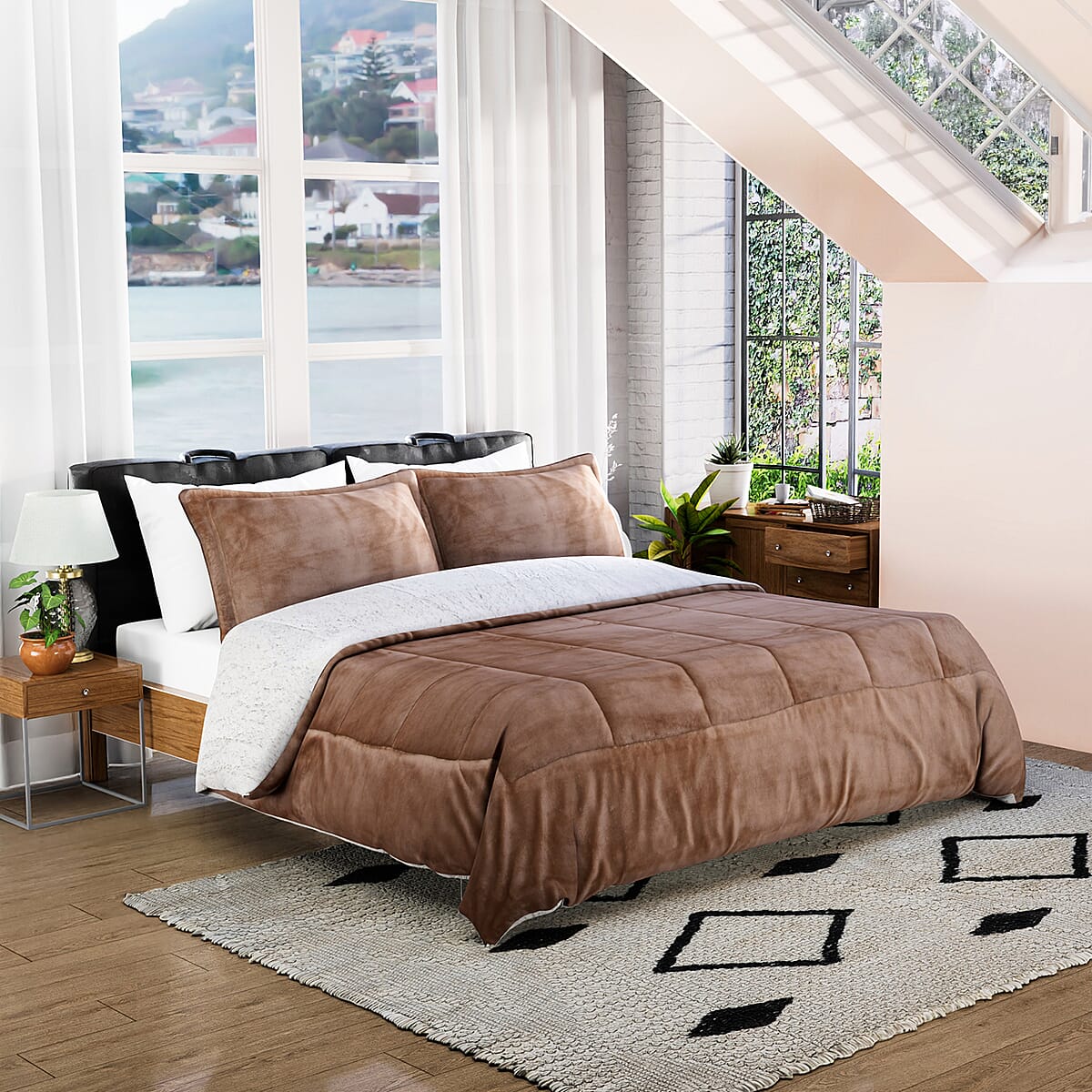 Homesmart Taupe 3 Layer Quilted Microfiber Flannel and Sherpa Reversible Comforter and Set of 2 Shams, Microfiber Comforter, Best Comforter Sets, Bed Comforters, Comforter Set for Bedroom image number 0