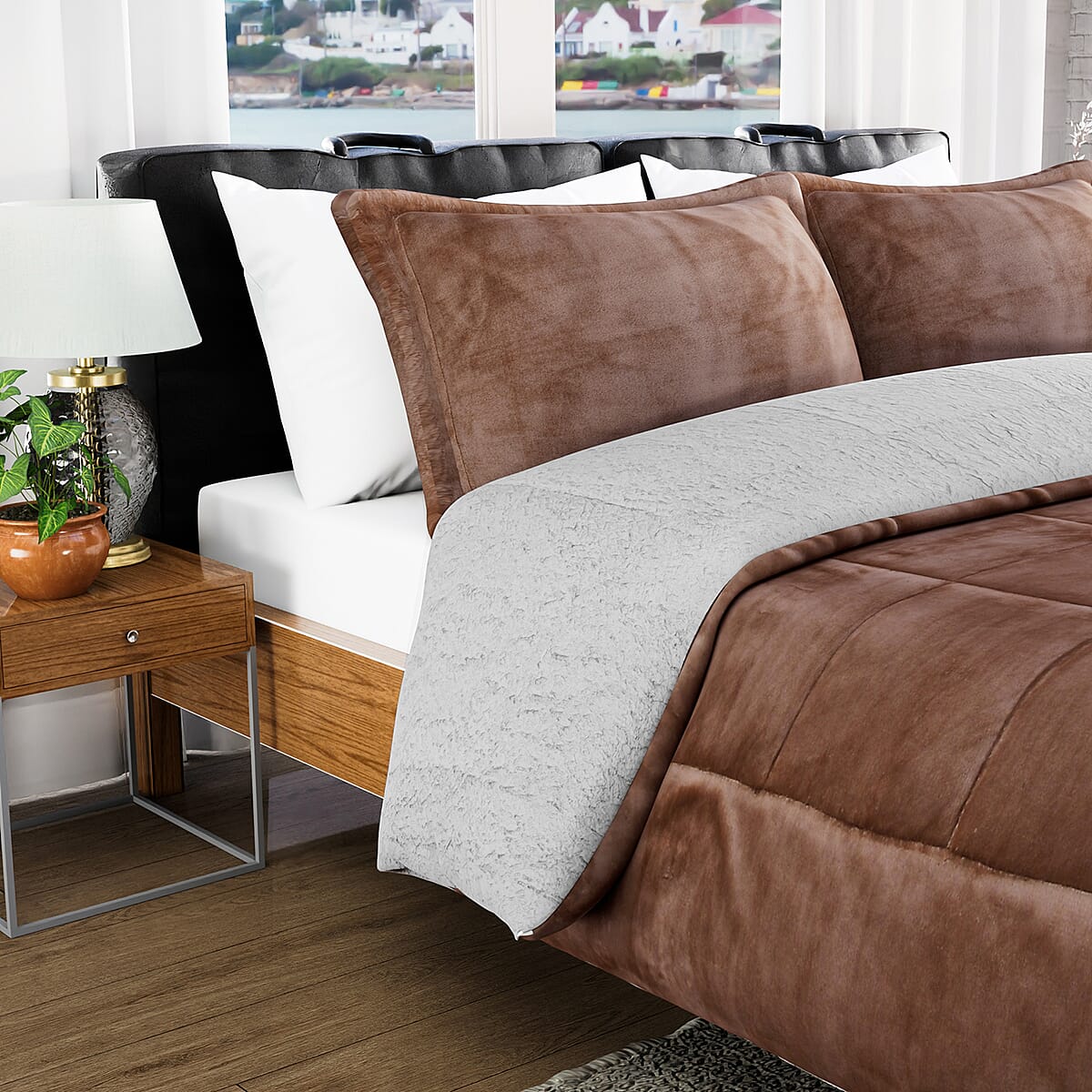 Homesmart Taupe 3 Layer Quilted Microfiber Flannel and Sherpa Reversible Comforter and Set of 2 Shams, Microfiber Comforter, Best Comforter Sets, Bed Comforters, Comforter Set for Bedroom image number 1