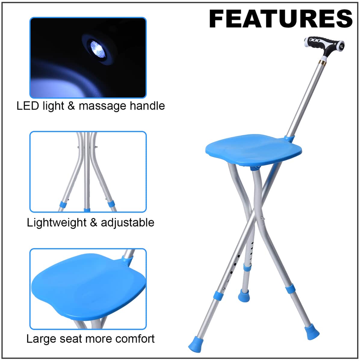 Blue Adjustable Portable Folding Stool Walking Cane with LED Lamp image number 3