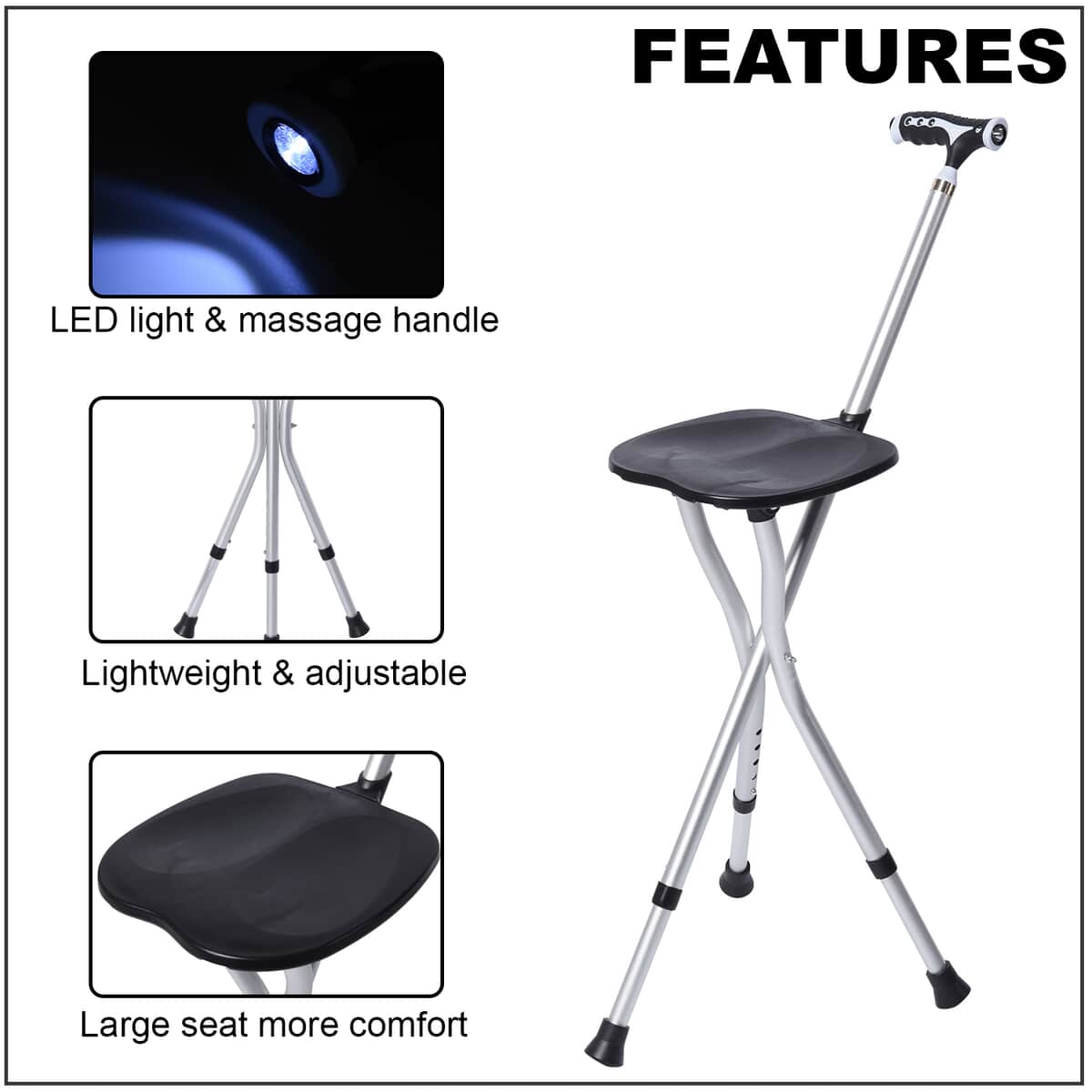 Black Adjustable Portable Folding Stool Walking Cane with LED Lamp image number 2
