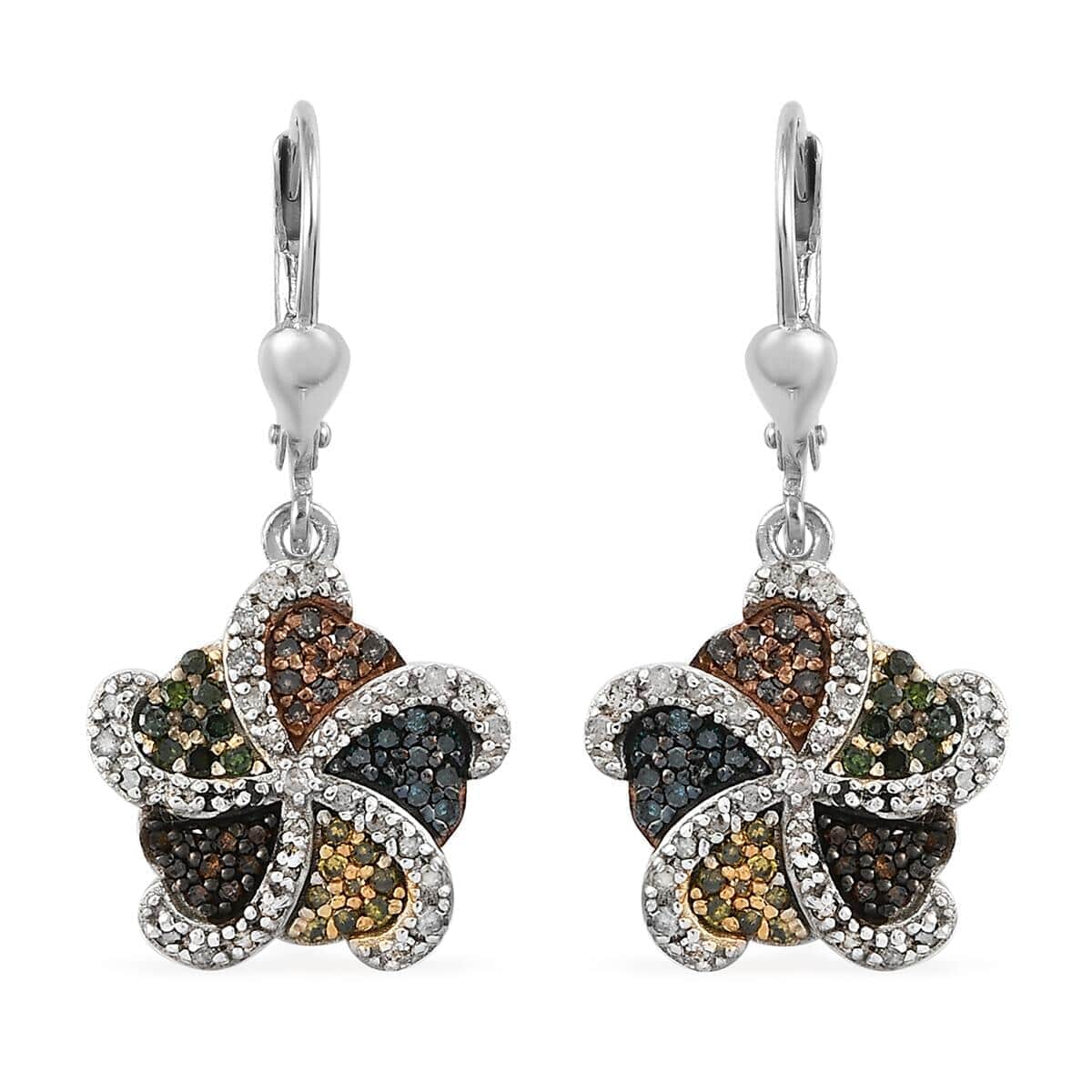 Multi Diamond Floral Drop Earrings in Rhodium and Platinum Over Sterling Silver 0.75 ctw image number 0