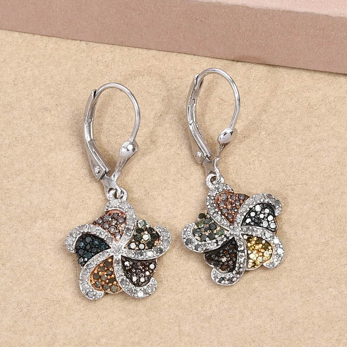 Multi Diamond Floral Drop Earrings in Rhodium and Platinum Over Sterling Silver 0.75 ctw image number 1
