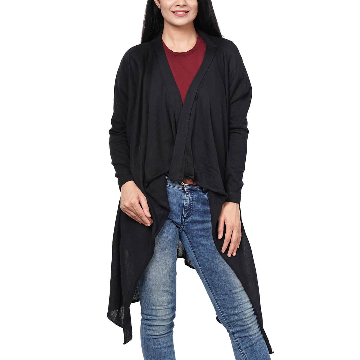 PASSAGE 100% Cotton Knit Black Long Sleeve Waterfall Cardigan (S) image number 0