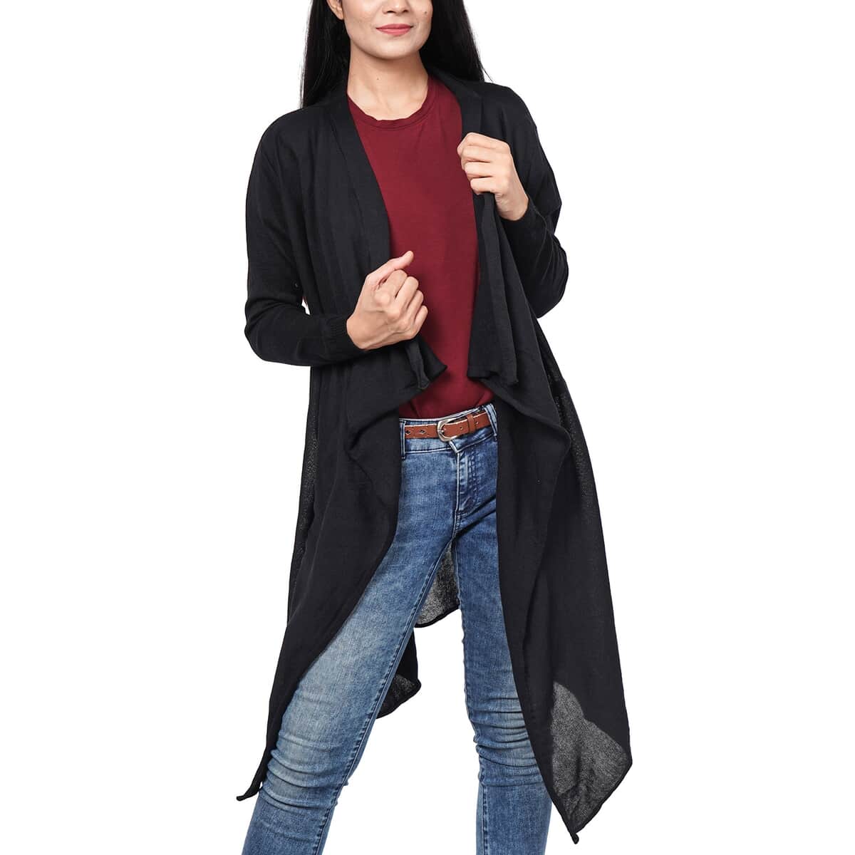 PASSAGE 100% Cotton Knit Black Long Sleeve Waterfall Cardigan (S) image number 2