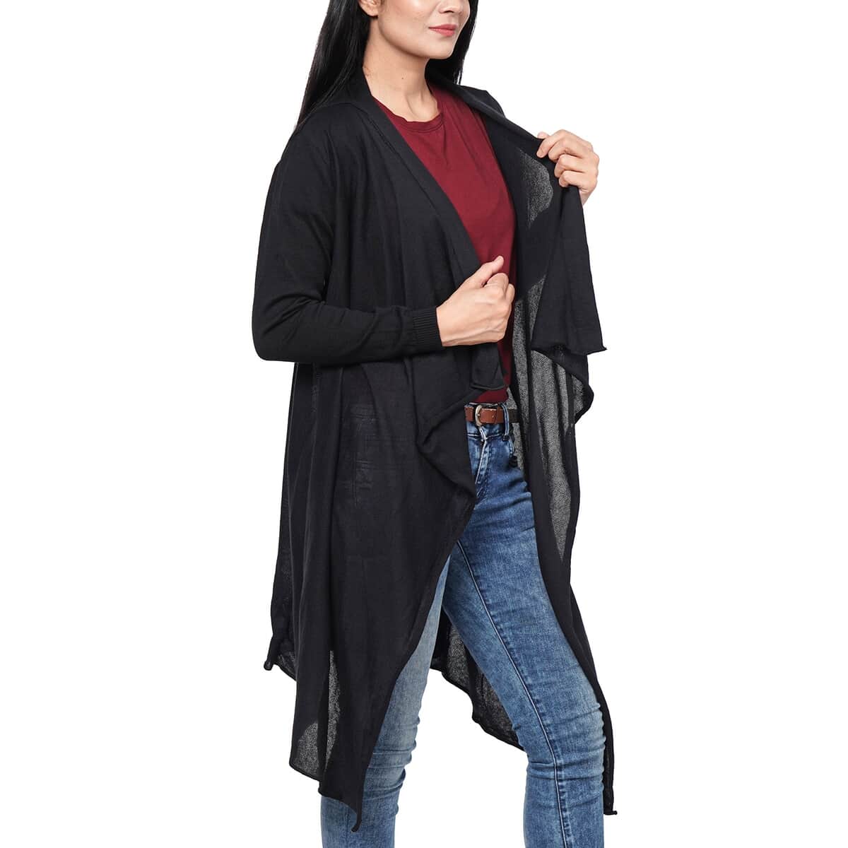 PASSAGE 100% Cotton Knit Black Long Sleeve Waterfall Cardigan (S) image number 3