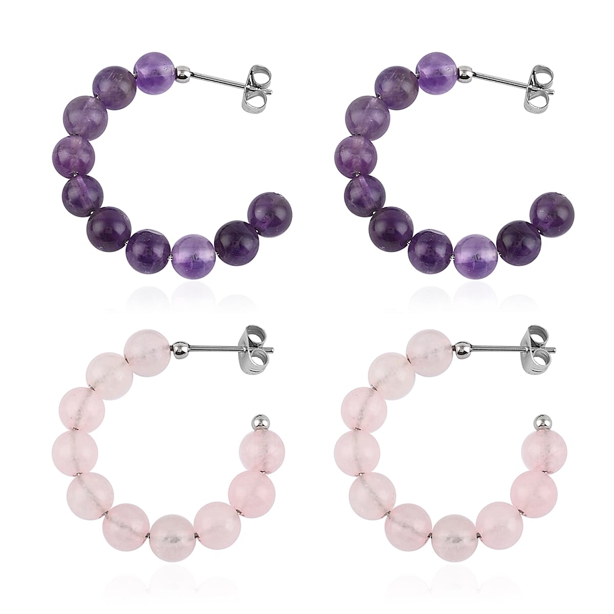 Amethyst and Galilea Rose Quartz Set of 2 Earrings in Stainless Steel 52.50 ctw