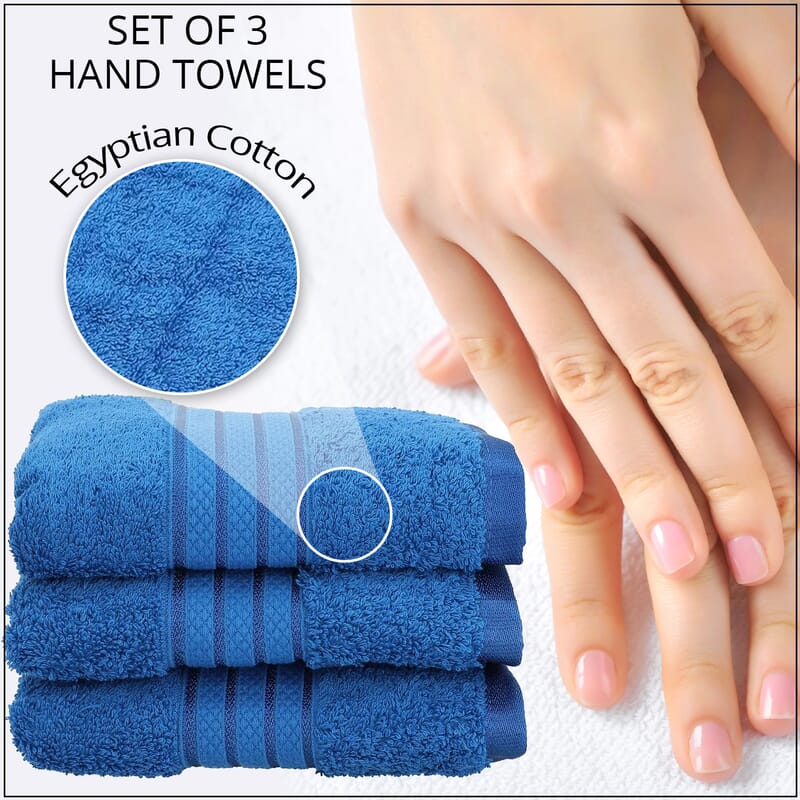 Set of 3 Blue 100% Egyptian Cotton Terry Hand Towels (16x28)