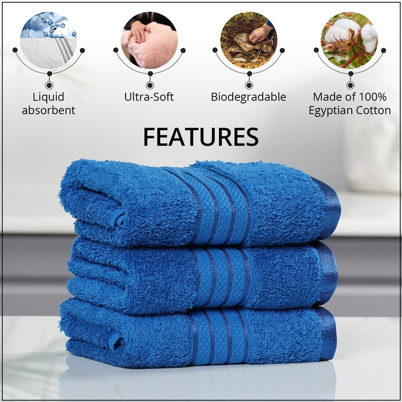 Set of 3 Blue 100% Egyptian Cotton Terry Hand Towels (16x28)