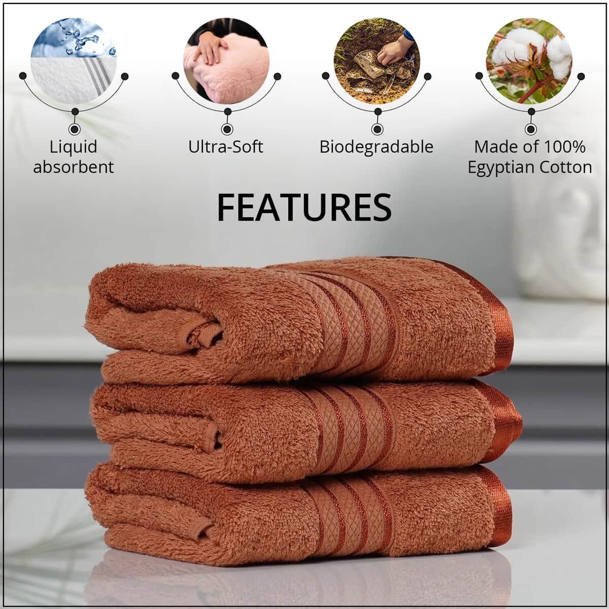 Homesmart Set of 3 Copper Color 100% Egyptian Cotton Terry Hand Towels image number 2