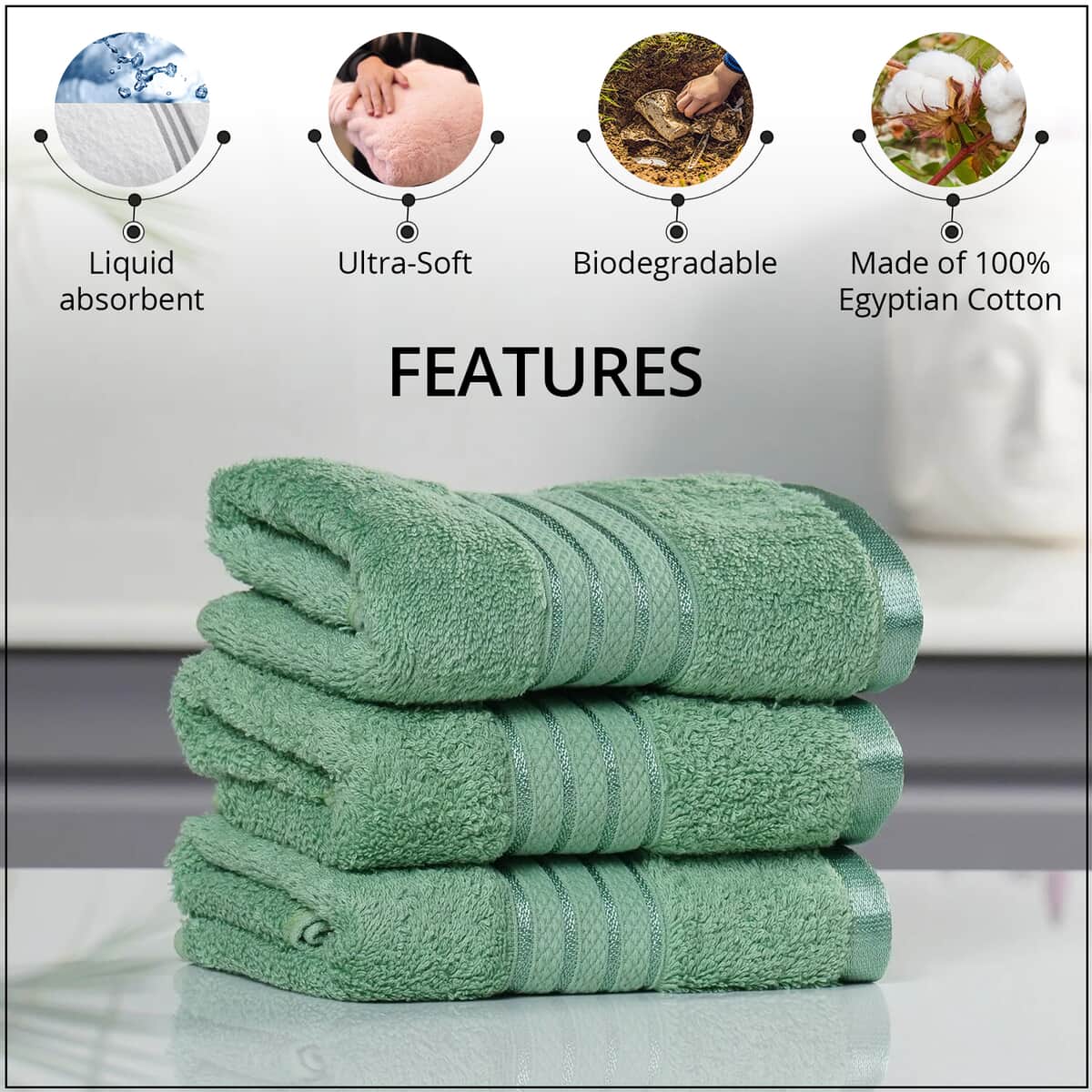 Homesmart Set of 3 Light Green 100% Egyptian Cotton Terry Hand Towels image number 2