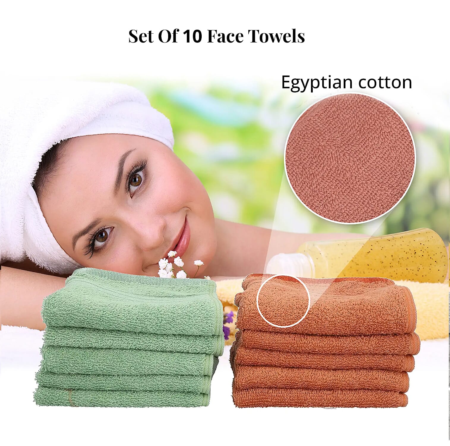 Set of 10 Light Green and Copper 100% Egyptian Cotton Terry Face Towels