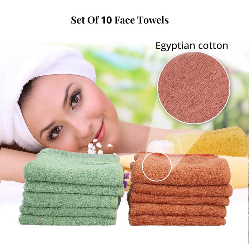 Set of 10 Light Green and Copper 100% Egyptian Cotton Terry Face Towels