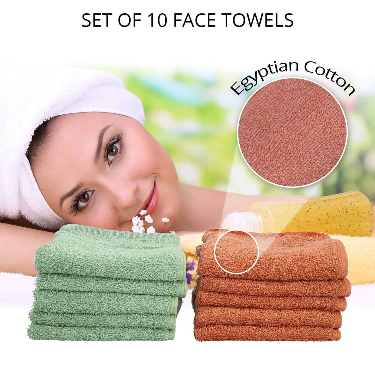 Set of 10 Light Green and Copper 100% Egyptian Cotton Terry Face Towels image number 1
