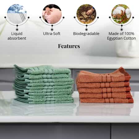 Set of 10 Light Green and Copper 100% Egyptian Cotton Terry Face Towels image number 2