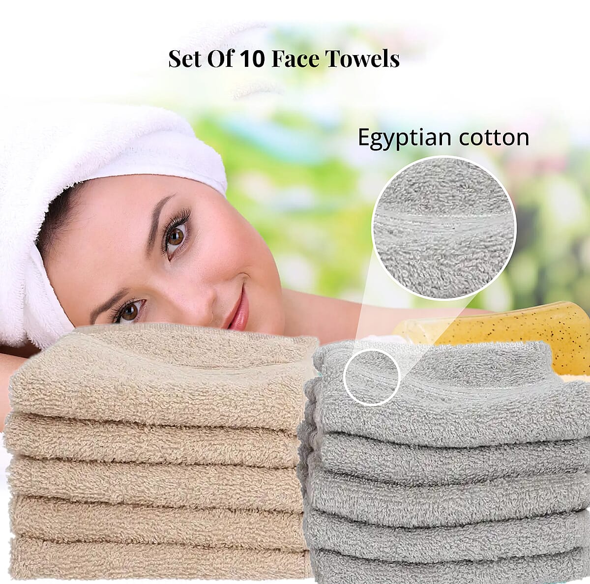 Set of 10 Ivory and Silver 100% Egyptian Cotton Terry Face Towels image number 1