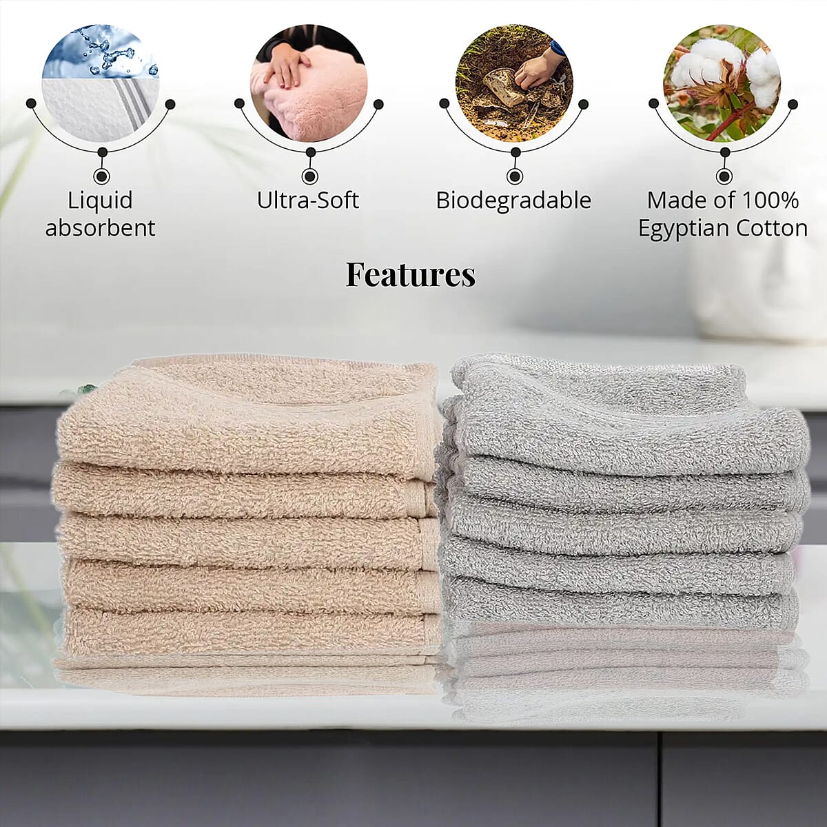 Set of 10 Ivory and Silver 100% Egyptian Cotton Terry Face Towels image number 2