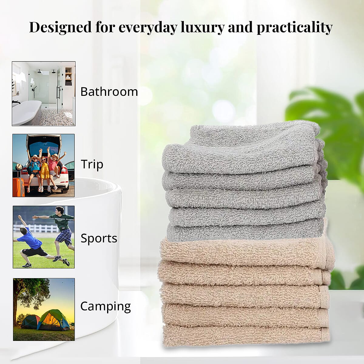 Set of 10 Ivory and Silver 100% Egyptian Cotton Terry Face Towels image number 5